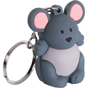 A grey and pink custom-shaped PVC keyring featuring a cute mouse design, attached to a metal keyring.
