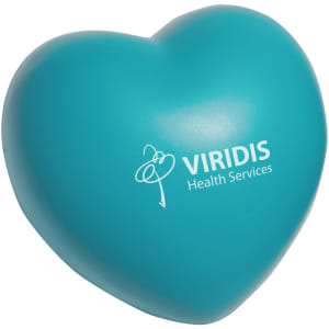 A turquoise heart-shaped stress reliever with a logo on one side.