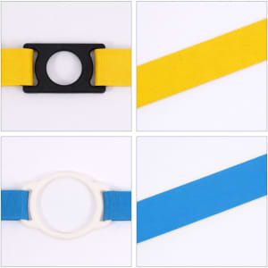A drink bottle lanyard featuring a black and yellow design, along with a blue option and matching holders.