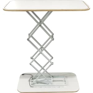 A backlit LED spring-up display in rectangular shape, featuring a white top and a silver scissor mechanism base.