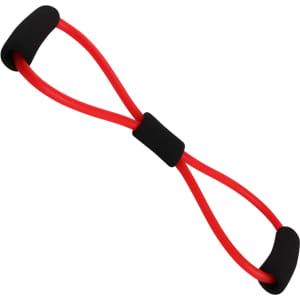A red Figure 8 resistance band with black handles, designed for fitness and sports activities.