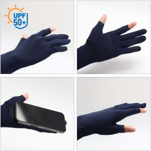 Long sleeve navy gloves featuring two open fingers and a textured grip, suitable for sun protection with UPF 50+.