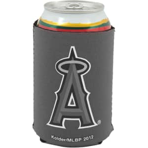 A grey foldable stubby holder with a logo, designed to fit a standard drink can.