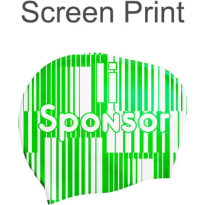 A silicone swim cap for women, designed for long hair, in green and white with a striped pattern and a logo.