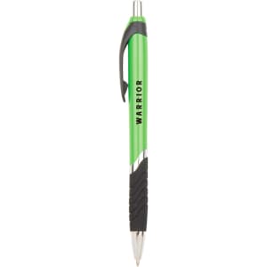 A green barrel ballpoint pen with a black grip and a silver clip, featuring a logo.