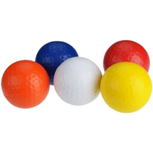 A selection of golfball-shaped stress relievers in orange, blue, white, red, and yellow, featuring a textured surface.