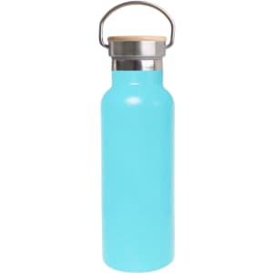 A drink bottle in turquoise with a stainless steel body and bamboo lid, featuring a carry handle.