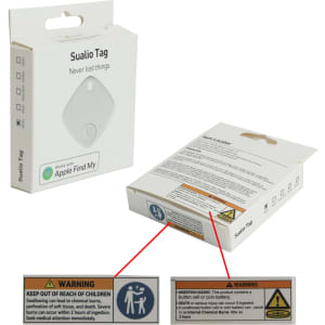 A small white smart tag in a cardboard package with various warning labels and a logo.
