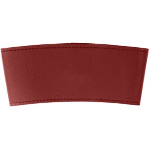 A leather cup sleeve in a rich maroon colour with stitched edges and a simple design. It features a logo.