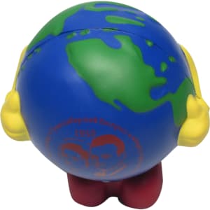 A cartoon-style stress ball in the shape of Earth, featuring blue oceans, green landmasses, and yellow arms.
