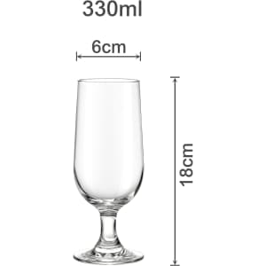 A clear goblet glass with a round base, measuring 18 cm in height and 6 cm in diameter, with a 330ml capacity.