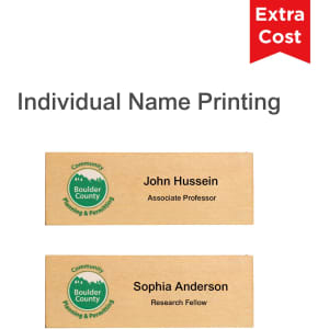 A wooden name badge featuring a light wood finish, accompanied by a logo and options for individual name printing.