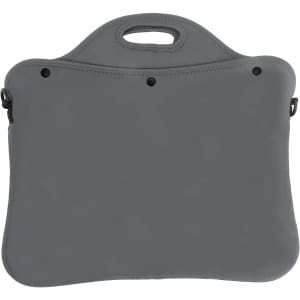 A grey laptop bag with a handle, featuring a smooth surface and a simple design. Includes attachment points for straps.