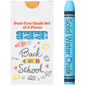 A set of four blue dust-free chalk sticks in a white box, featuring a logo and colourful drawings.