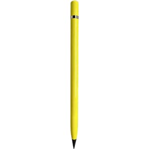 A yellow pencil with a sleek design and a silver band near the top, featuring a branding logo.