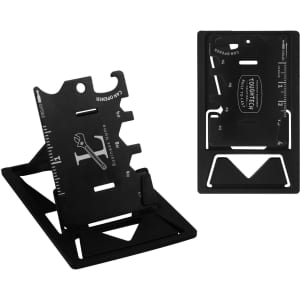 A black multi-function phone stand with measuring tools and a compact design, featuring a visible logo.