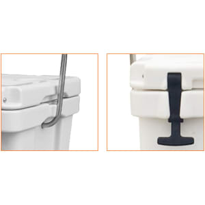 A 15L cooler box in white, featuring a metal handle and a black latch mechanism. It has a logo on the side.