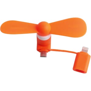 A bright orange 2 in 1 smartphone fan with a USB connector and a lightning adapter, ideal for mobile devices.