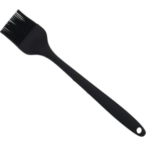 A black pastry brush with a long handle and silicone bristles for applying glazes or brushing surfaces.