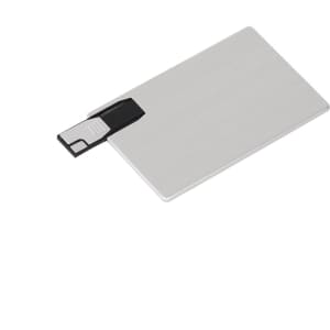 A sleek silver flash drive with a sliding connector and a minimalist design, featuring a logo.