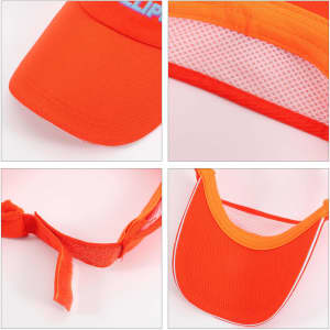 An orange sandwich sun visor featuring a mesh lining and a Velcro strap for adjustment. It includes a logo.
