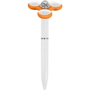 A fidget pen in white with orange accents and three circular toppers on the top. It features a logo.