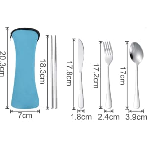 A blue travel cutlery set featuring a case, knife, fork, spoon, and chopsticks, with dimensions provided.