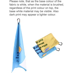 A set of golf towels in blue and gold, featuring clips for easy attachment. The towels have a logo and varied prints.