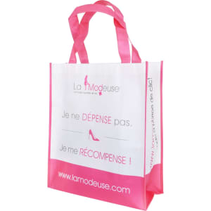 A laminated non-woven bag in white and pink with two handles and a large gusset, featuring a logo.