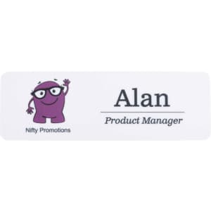 A custom PVC name badge featuring a purple cartoon character and text in black on a white background.