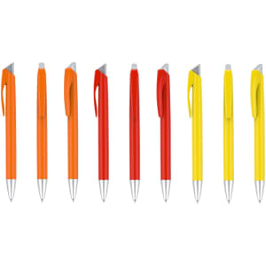Nine plastic pens in various vibrant colours: orange, yellow, red, and a colour combination, all with silver accents and clips.