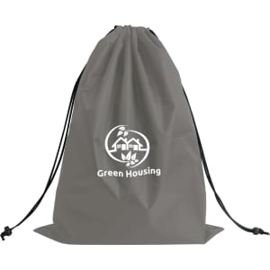 A grey travel laundry bag with a drawstring closure and a logo.