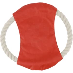 A red and cream rope frisbee dog toy, featuring a soft fabric centre and twisted rope edges.