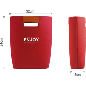 A red felt tote bag with a brown leather handle and a logo. Dimensions are 32cm wide and 34cm tall.