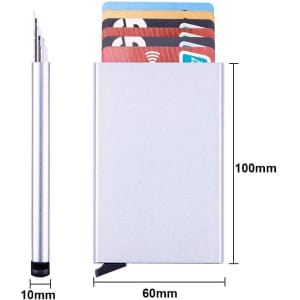 A silver metal RFID card holder displaying several cards inside and a slim profile alongside.