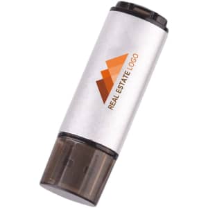 A silver flash drive with a brown cap and a logo printed on its surface.
