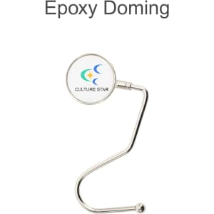 A round, curved desk hook in silver with a circular top featuring a logo.