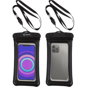 A waterproof case for mobile phones, featuring a black design with a lanyard for easy carrying.