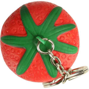 A red strawberry-shaped stress reliever attached to a silver keyring, featuring a green leaf top.