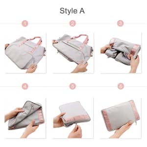 A foldable sports duffle bag in grey and pink, demonstrating various styles of use and folding. Includes a logo.