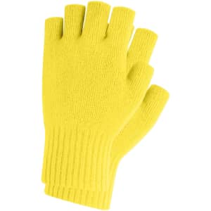 Bright yellow fingerless gloves made of knitted fabric, featuring a woven label. Ideal for cool weather.