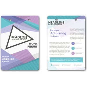A large printed name tag in shades of purple and blue, featuring a logo and abstract geometric design.