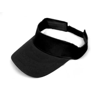 A black sport visor with an adjustable strap and a curved brim, featuring a logo on the front.