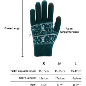 A pair of kids' jacquard gloves in a teal colour with a winter pattern, featuring touchscreen fingertips.
