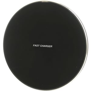 A round, black wireless charger with a smooth surface and a branding logo in the centre.