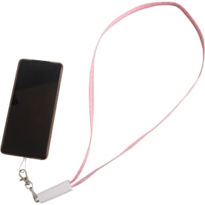 A pink lanyard with a charging cable attachment and a smartphone secured to it. Features a branding logo.