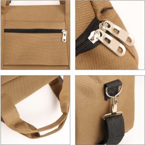 A khaki durable duffle bag featuring zippers, a side pocket, and a detachable strap. Includes a logo.