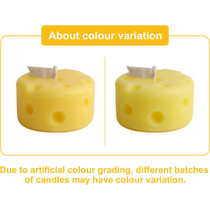 Round cheese-shaped candles in a bright yellow hue with holes and a small flag on top, featuring colour variation details.