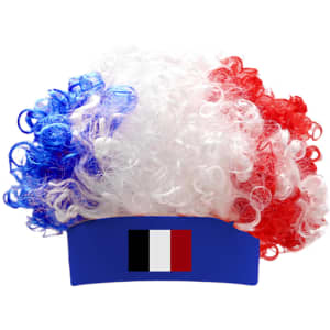 A curly headband wig featuring red, white, and blue colours, with a branding logo on the band.