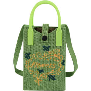 A green knitted phone crossbody bag with a handle, featuring floral designs and a strap for easy carrying.